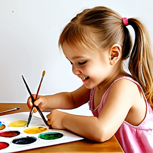 Home 19 **Safe watercolor painting for kids:** A child enthusiastically painting with non-toxic watercolors, mixing colors on paper, with brushes and a happy, creative expression.