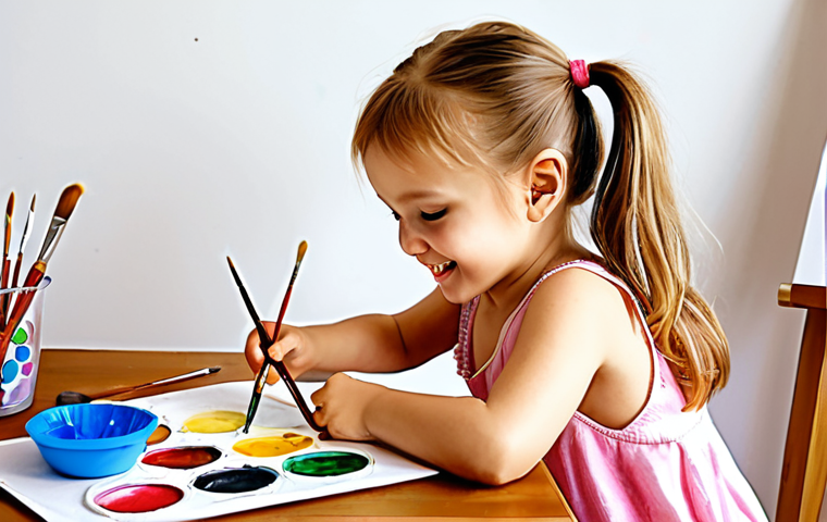 **Safe watercolor painting for kids:** A child enthusiastically painting with non-toxic watercolors, mixing colors on paper, with brushes and a happy, creative expression.