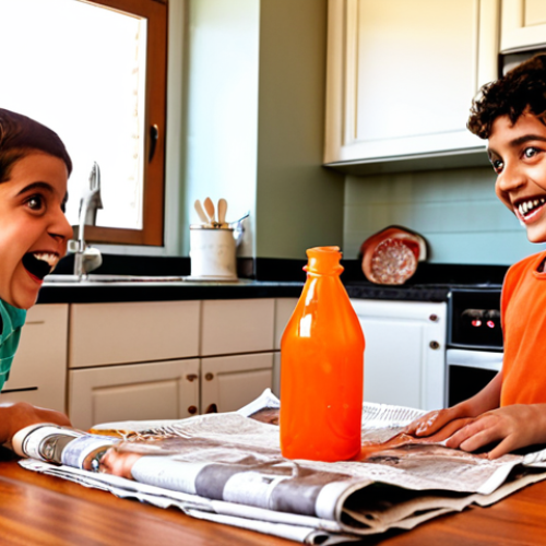 Home 18 "A joyful scene of two young Arab children, aged 5-8, wide-eyed and smiling excitedly, as they watch a 'volcano' erupt with colorful (red/orange) fizzing foam from a plastic bottle on a kitchen table covered with newspaper. A caring parent or adult is gently guiding or observing them in the background, also smiling. The setting is a bright, warm home kitchen with everyday items like measuring cups and spoons visible. The atmosphere is one of wonder, discovery, and shared fun."