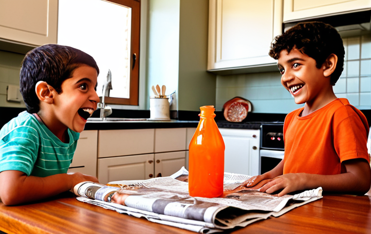 "A joyful scene of two young Arab children, aged 5-8, wide-eyed and smiling excitedly, as they watch a 'volcano' erupt with colorful (red/orange) fizzing foam from a plastic bottle on a kitchen table covered with newspaper. A caring parent or adult is gently guiding or observing them in the background, also smiling. The setting is a bright, warm home kitchen with everyday items like measuring cups and spoons visible. The atmosphere is one of wonder, discovery, and shared fun."