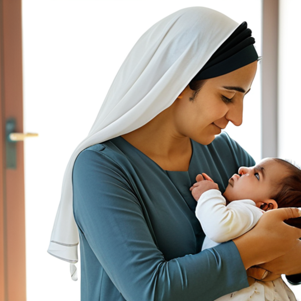 A compassionate Arab mother, fully clothed in modest and comfortable attire, attentively observing and gently comforting her baby in a sunlit nursery. The mother's expression shows deep understanding and care as she responds to the baby's needs, reflecting the art of deciphering a child's non-verbal cues. The baby is calm and secure in her arms. The scene is well-lit, professional photography, clean background, perfect anatomy, correct proportions, natural pose, well-formed hands, proper finger count, natural body proportions, safe for work, appropriate content, family-friendly.