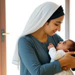 A compassionate Arab mother, fully clothed in modest and comfortable attire, attentively observing and gently comforting her baby in a sunlit nursery. The mother's expression shows deep understanding and care as she responds to the baby's needs, reflecting the art of deciphering a child's non-verbal cues. The baby is calm and secure in her arms. The scene is well-lit, professional photography, clean background, perfect anatomy, correct proportions, natural pose, well-formed hands, proper finger count, natural body proportions, safe for work, appropriate content, family-friendly.