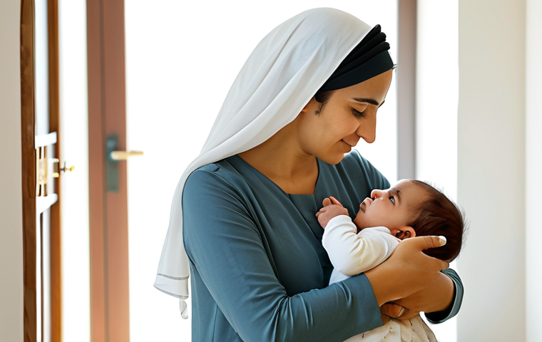 A compassionate Arab mother, fully clothed in modest and comfortable attire, attentively observing and gently comforting her baby in a sunlit nursery. The mother's expression shows deep understanding and care as she responds to the baby's needs, reflecting the art of deciphering a child's non-verbal cues. The baby is calm and secure in her arms. The scene is well-lit, professional photography, clean background, perfect anatomy, correct proportions, natural pose, well-formed hands, proper finger count, natural body proportions, safe for work, appropriate content, family-friendly.
