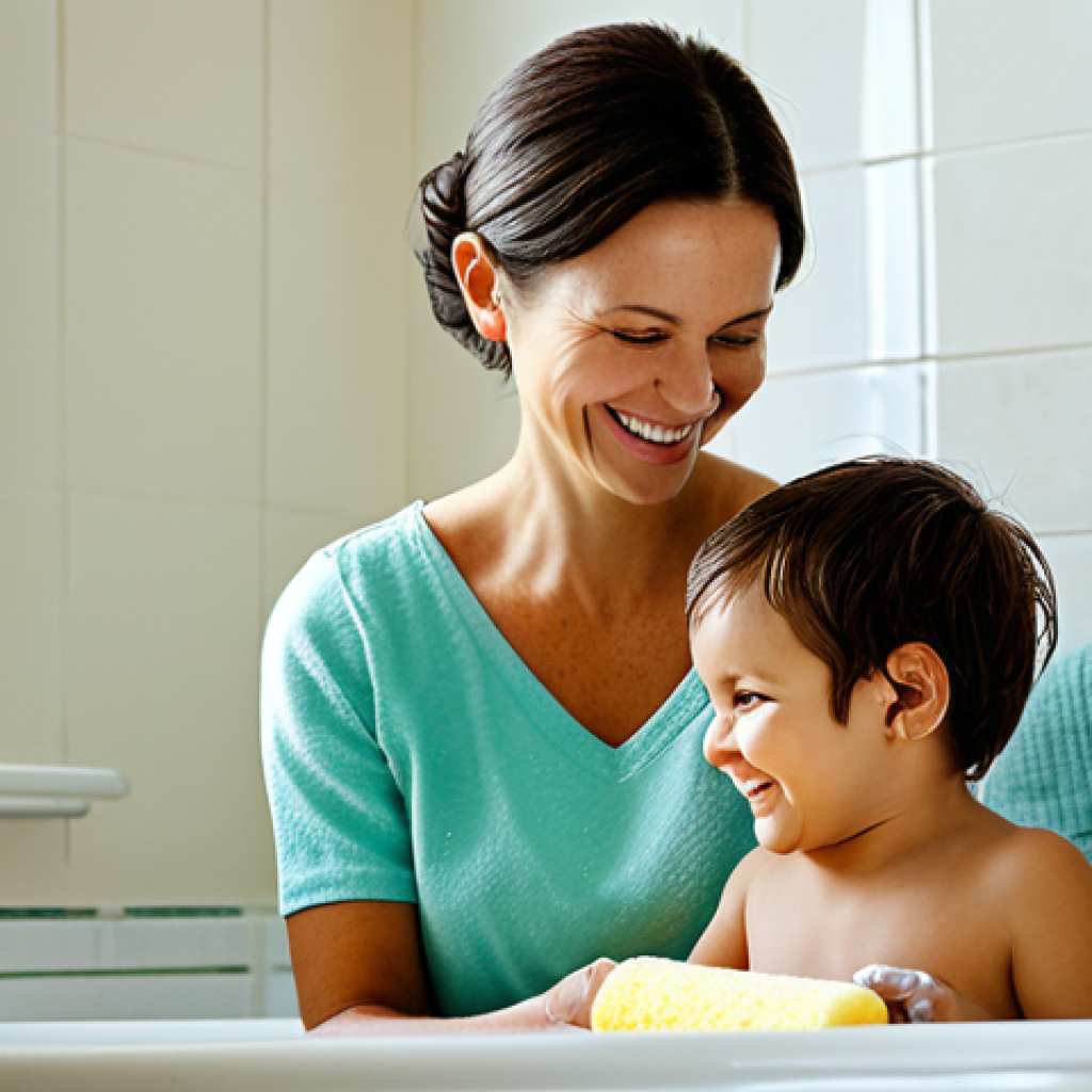Mother Giving Child a Sponge Bath**

"A caring mother giving her fully clothed young child a sponge bath with a soft cloth and lukewarm water in a brightly lit bathroom. The child is smiling slightly. Safe for work, appropriate content, fully clothed, modest, perfect anatomy, correct proportions, natural pose, family-friendly, professional photography, high quality."

**