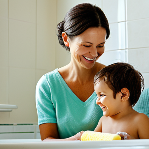 Home 8 Mother Giving Child a Sponge Bath**
"A caring mother giving her fully clothed young child a sponge bath with a soft cloth and lukewarm water in a brightly lit bathroom. The child is smiling slightly. Safe for work, appropriate content, fully clothed, modest, perfect anatomy, correct proportions, natural pose, family-friendly, professional photography, high quality."
**