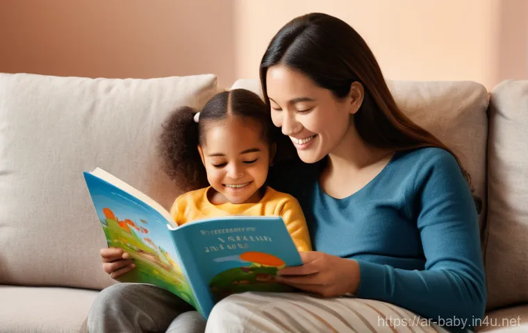 아기 책 읽어주는 법 - A heartwarming scene of a parent, with a gentle smile, sitting comfortably on a soft armchair, readi...