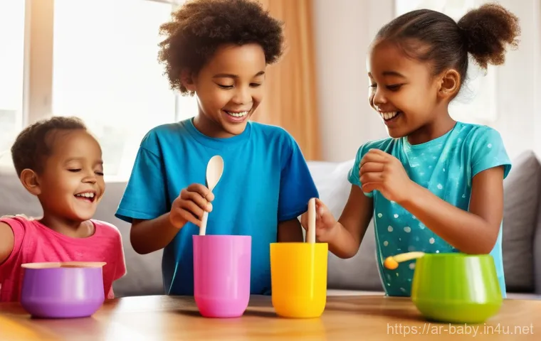 아기 리듬감 키우기 - **Prompt:** A cheerful, diverse group of children, aged 4-7, fully clothed in brightly colored, comf...