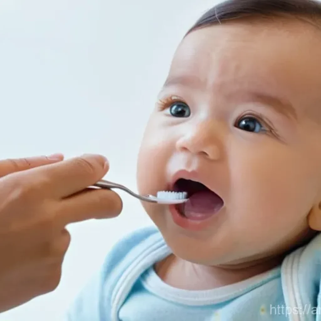 아기 치아 관리법 - A heartwarming, close-up shot of a loving parent, possibly a mother, gently cleaning their baby's gu...