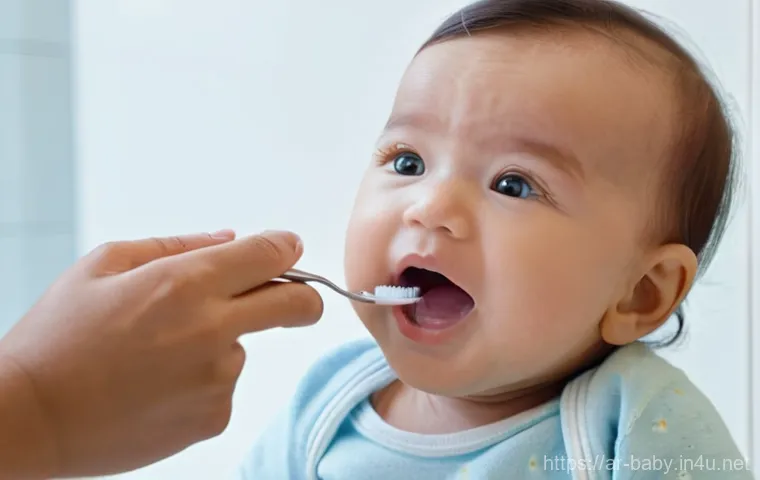 아기 치아 관리법 - A heartwarming, close-up shot of a loving parent, possibly a mother, gently cleaning their baby's gu...