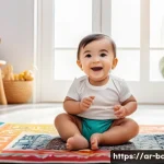 아기 영어 그림책 추천 - A vibrant and colorful illustration of a joyful toddler wearing a diaper, sitting on a patterned rug...