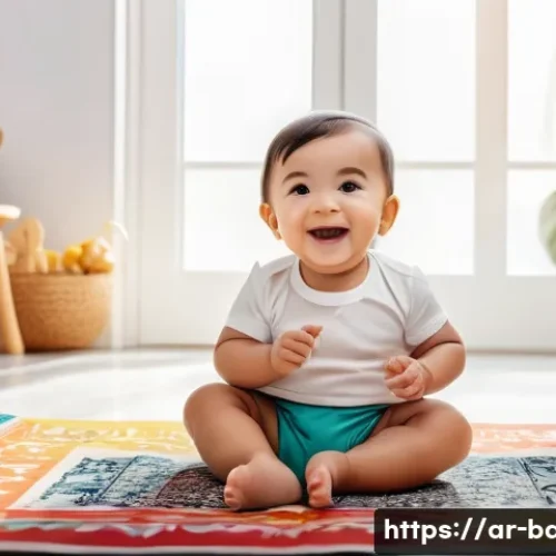 아기 영어 그림책 추천 - A vibrant and colorful illustration of a joyful toddler wearing a diaper, sitting on a patterned rug...