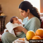 수유 중 먹으면 안 되는 음식 - A serene Middle Eastern mother breastfeeding her infant in a cozy, sunlit living room decorated with...