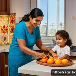 아이와 함께하는 요리 - A warm, inviting kitchen scene featuring an Arab mother and her young child wearing a colorful diape...