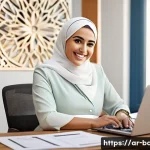 출산휴가 신청 절차 - A modern Arab working woman in professional office attire, smiling gently while holding a medical ma...