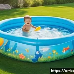 아기 수영장 추천 - A bright, colorful inflatable children’s swimming pool set in a sunny garden with soft grass, featur...