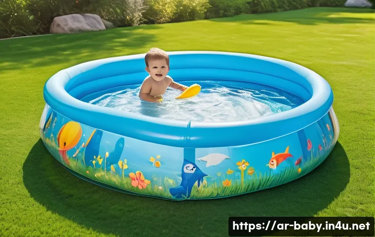 아기 수영장 추천 - A bright, colorful inflatable children’s swimming pool set in a sunny garden with soft grass, featur...
