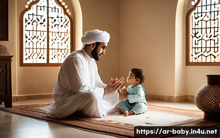 아기 이름 작명 팁 - A warm and culturally rich family scene in a traditional Arab home, where parents lovingly discuss b...