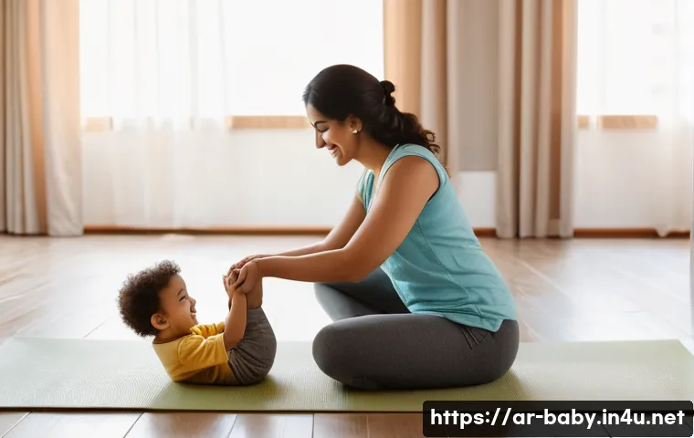 아기와 함께 하는 요가 - A warm and serene indoor scene of an Arab mother and her toddler son practicing gentle yoga exercise...