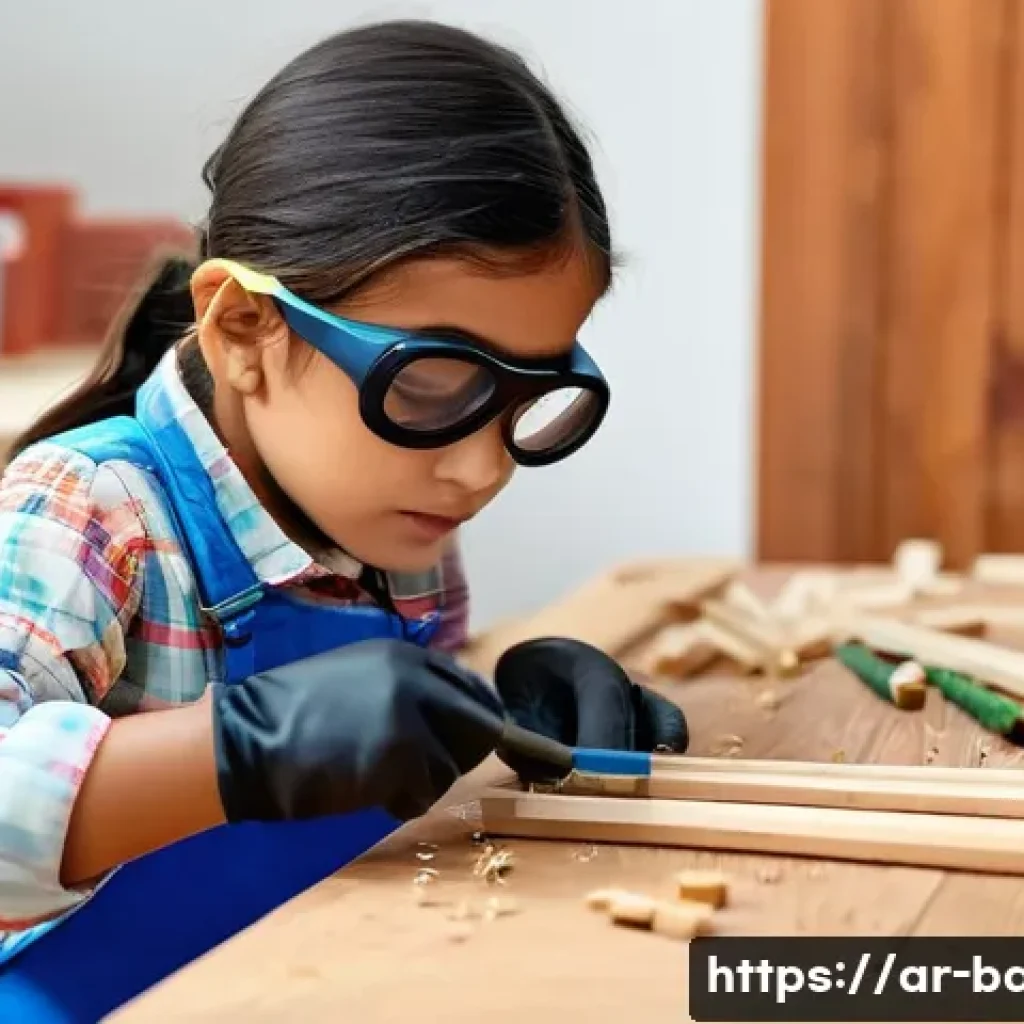 아이와 목공놀이 - A warm, bright workshop scene featuring an Arab child around 7 years old wearing a colorful long-sle...