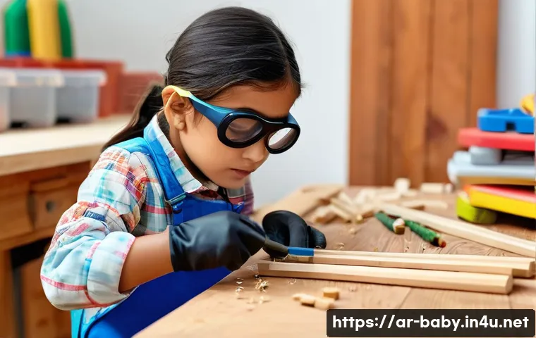아이와 목공놀이 - A warm, bright workshop scene featuring an Arab child around 7 years old wearing a colorful long-sle...