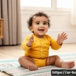 Home 22 아기 손동작 노래 추천 - A warm, cozy living room scene featuring an Arab toddler wearing a colorful diaper, sitting on a sof...