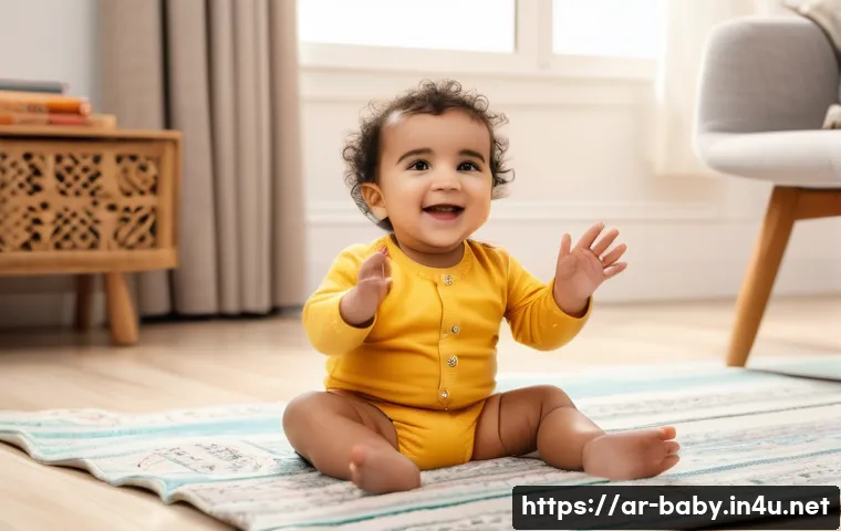 아기 손동작 노래 추천 - A warm, cozy living room scene featuring an Arab toddler wearing a colorful diaper, sitting on a sof...