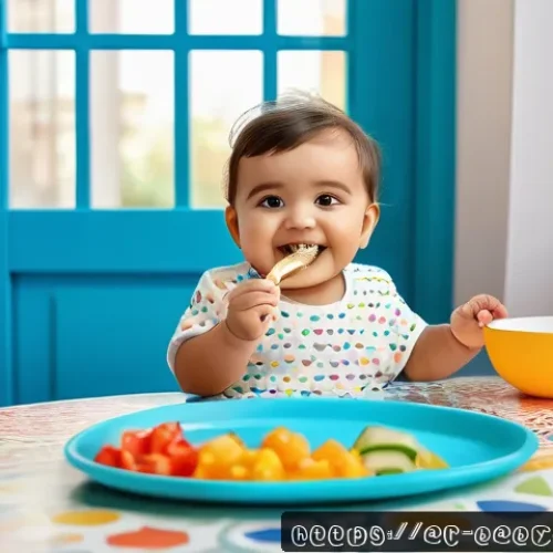 Home 33 아기 수저 연습 방법 - A happy toddler sitting comfortably in a brightly decorated Arabic-style dining area, wearing a colo...