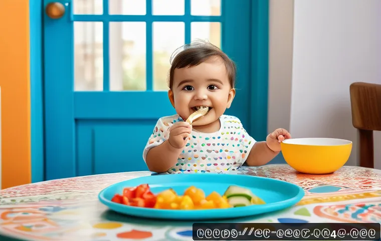 아기 수저 연습 방법 - A happy toddler sitting comfortably in a brightly decorated Arabic-style dining area, wearing a colo...