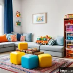 Home 20 아기 장난감 정리법 - A cozy children's play corner in a modern Arabic living room featuring colorful open shelves and tra...