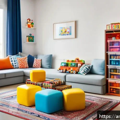 Home 32 아기 장난감 정리법 - A cozy children's play corner in a modern Arabic living room featuring colorful open shelves and tra...