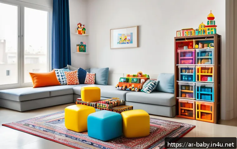 아기 장난감 정리법 - A cozy children's play corner in a modern Arabic living room featuring colorful open shelves and tra...