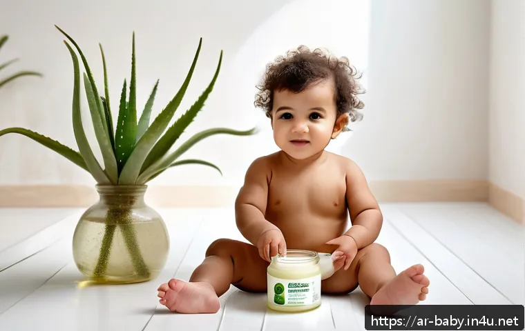 아기 아토피 관리법 - A peaceful scene showing an Arab toddler wearing a soft cotton diaper, gently applying natural cocon...