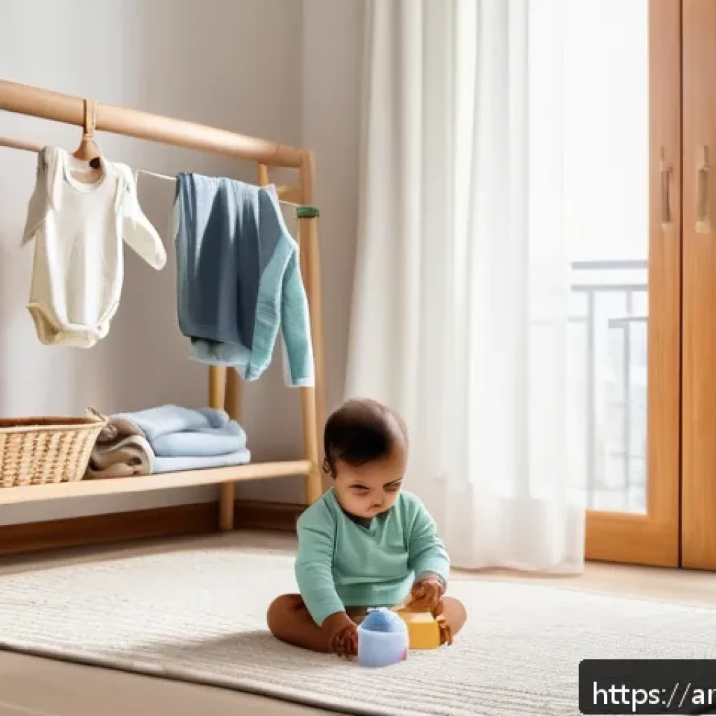 아기와 친환경 세탁법 - A warm, cozy laundry room scene in a modern Middle Eastern home, featuring a smart washing machine w...