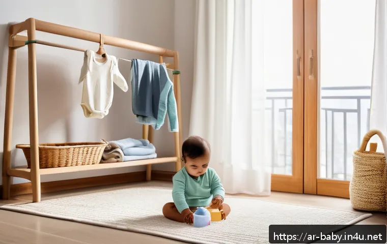 아기와 친환경 세탁법 - A warm, cozy laundry room scene in a modern Middle Eastern home, featuring a smart washing machine w...