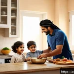 Home 23 육아 비용 절감 팁 - A warm, inviting Middle Eastern family kitchen scene where a mother and father are preparing healthy...