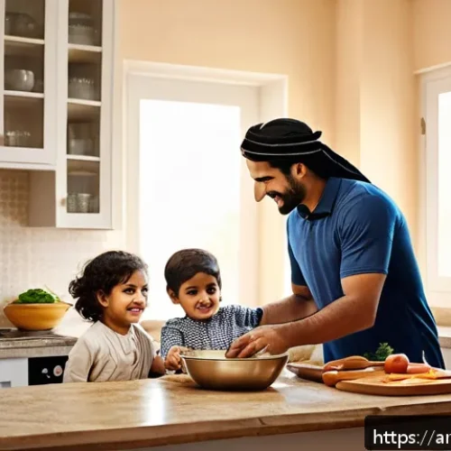 Home 17 육아 비용 절감 팁 - A warm, inviting Middle Eastern family kitchen scene where a mother and father are preparing healthy...