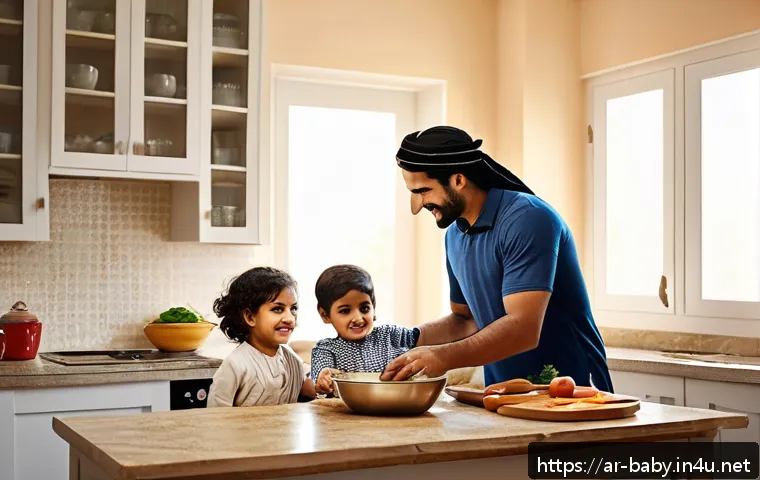 육아 비용 절감 팁 - A warm, inviting Middle Eastern family kitchen scene where a mother and father are preparing healthy...