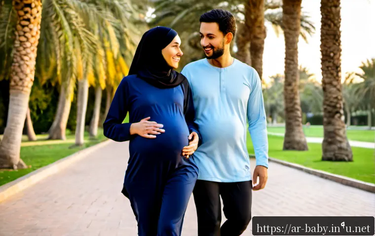 Home 17 출산 전후 체중 감량법 - Photorealistic lifestyle scene of a modest pregnant Arab woman in her third trimester, wearing a loo...