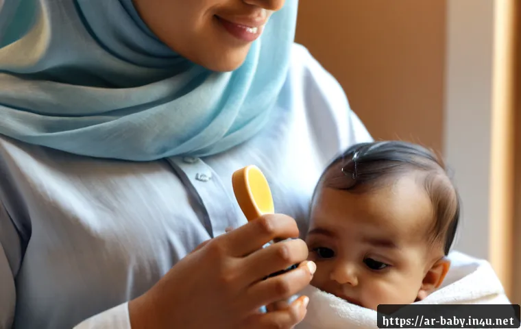 아기 머리카락 관리법 - Photorealistic close-up of a loving Arab mother in a modest pastel hijab gently brushing her baby’s ...