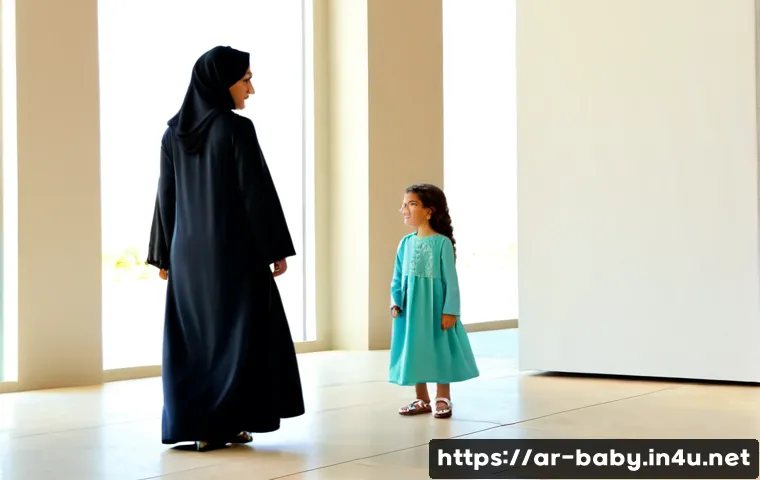 아이와 미술관 나들이 - Photorealistic Arab mother wearing a modest elegant abaya and light headscarf visiting a contemporar...