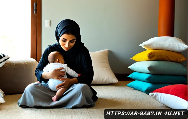 Home 30 아기 발달 지연 징후 - Photorealistic Arab mother gently observing her fully clothed baby wearing a diaper and soft cotton ...