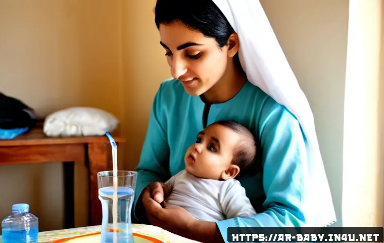 Home 17 아기 설사 원인과 대처법 - Photorealistic pediatric care scene in a bright, tidy Arab family home, a calm mother in modest clot...