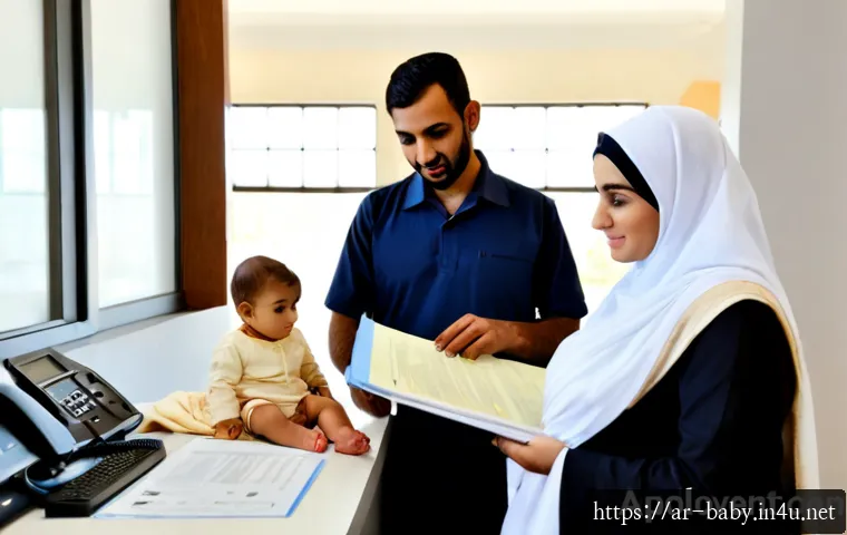 Home 17 아기 출생신고 절차 - Photorealistic Arab father and mother in modest contemporary clothing seated at a clean government s...